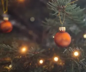 zu sehen sind Kugeln und Lichterkette an einem Weihnachtsbaum