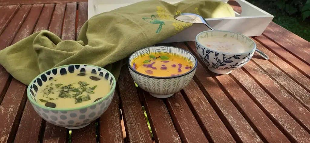 Ayurvedische Suppen in Schüsseln angerichtet auf Tisch